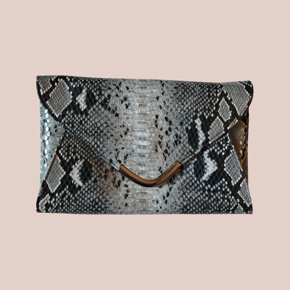 Vieta Clutch Snakeskin Print foldover Bag With Silvertone Hardware - Picture 3 of 7